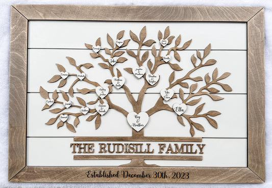 custom family tree sign with engraved family hearts on wooden shiplap wall art