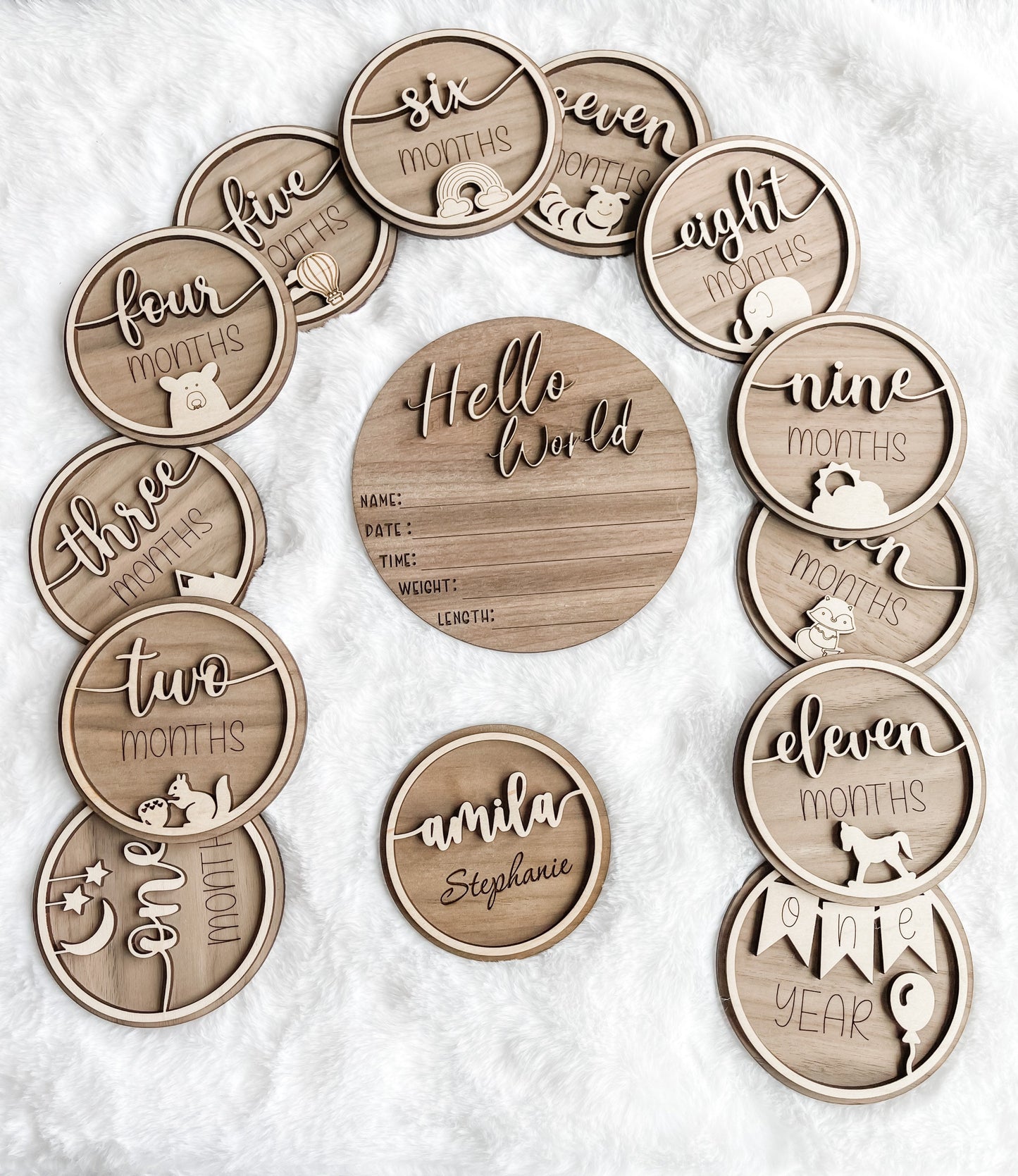 Baby Monthly Milestone, Woodland Animal Baby Decor, 3D Wooden Baby Disc, Milestone Marker, Baby Photo Prop, Hello World Birth Announcement